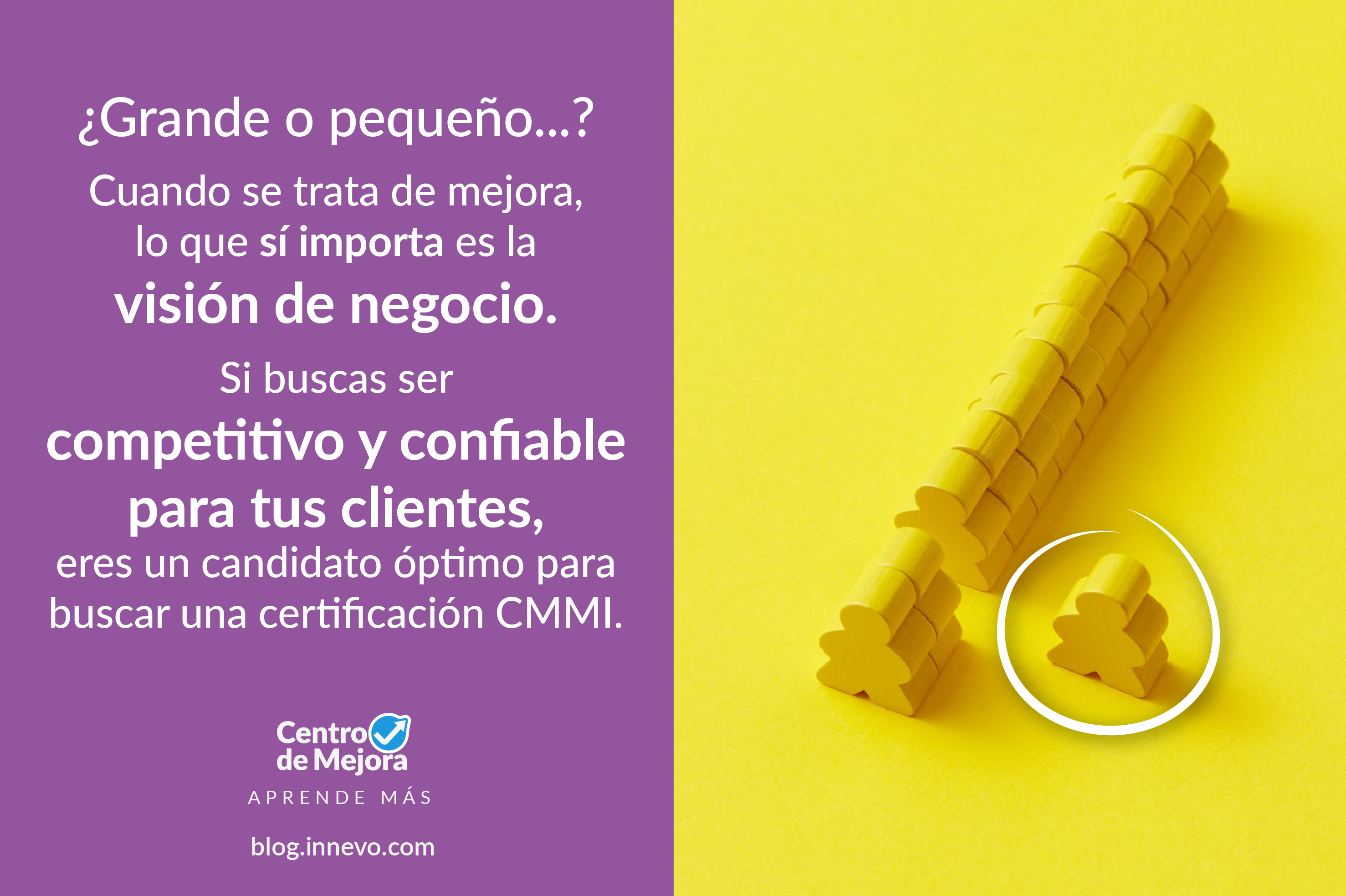 ¿Grande o pequeño? Cuando se trata de mejora, lo que sí importa es la visión de negocio. Si buscas ser competitivo y confiable para tus clientes, eres un candidato óptimo para buscar una certificación CMMI. Fotografía de una fila de pequeñas figuras de persona de juguete con una fuera de la fila representando una visión diferente de negocio.