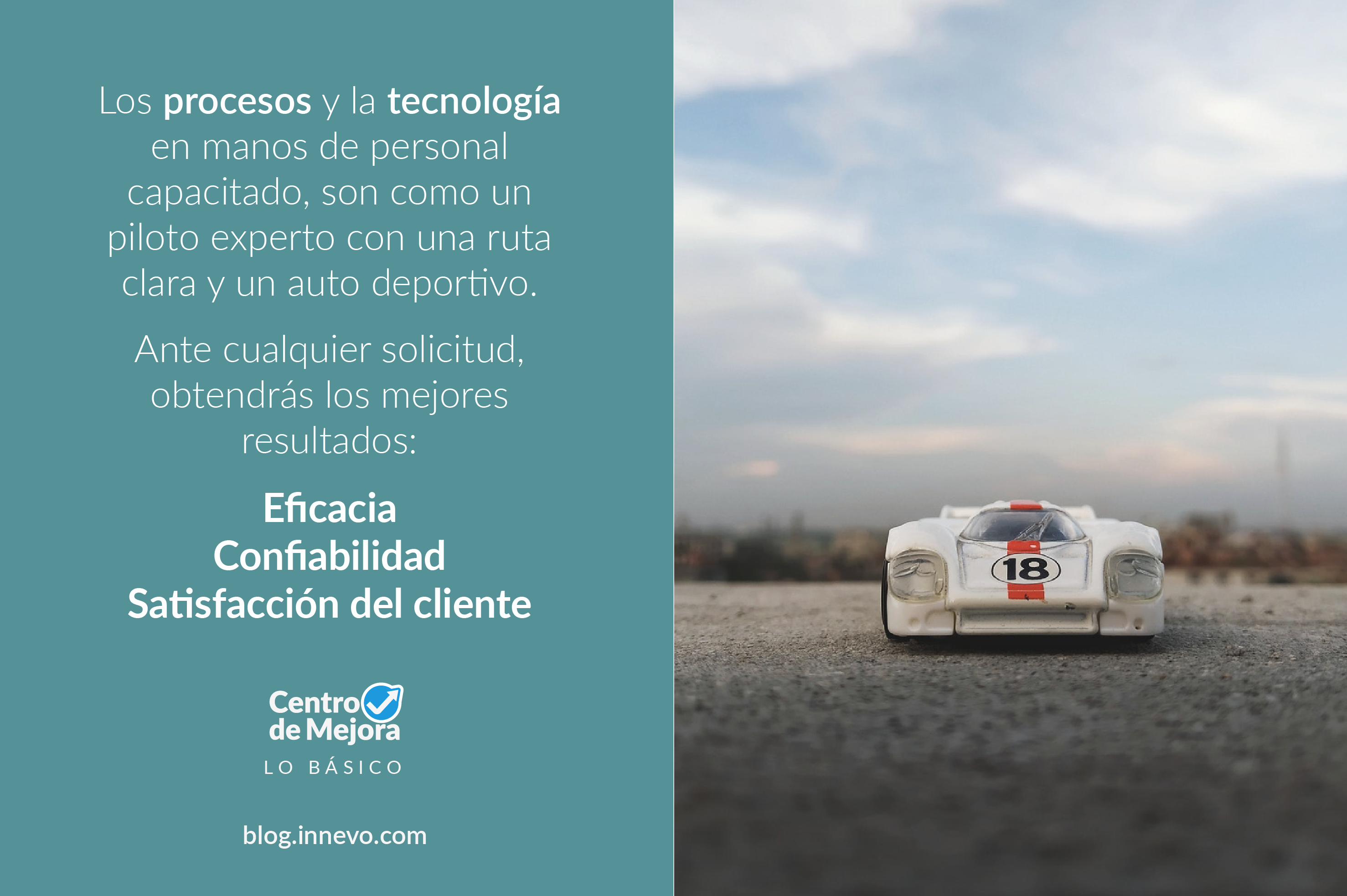 Los procesos y la tecnología en manos de personal capacitado son como un piloto experto con una ruta clara y auto deportivo. Ante cualquier solicitud, obtendrás los mejores resultados: eficacia, confiabilidad, satisfacción del cliente. Fotografía de un auto de carreras.