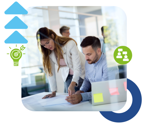 Consultor y cliente trabajando en un proyecto juntos. Iconos de ideas y diálogo. Consultor y cliente trabajando en un proyecto juntos. Iconos de ideas y diálogo.