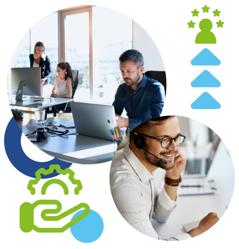 Un equipo de ejecutivos utilizando una computadora y un técnico de soporte de TI corporativo brindando atención al usuario. Íconos de acuerdo de nivel de servicio y de satisfacción del cliente. Un equipo de ejecutivos utilizando una computadora y un técnico de soporte de TI corporativo brindando atención al usuario. Íconos de acuerdo de nivel de servicio y de satisfacción del cliente.