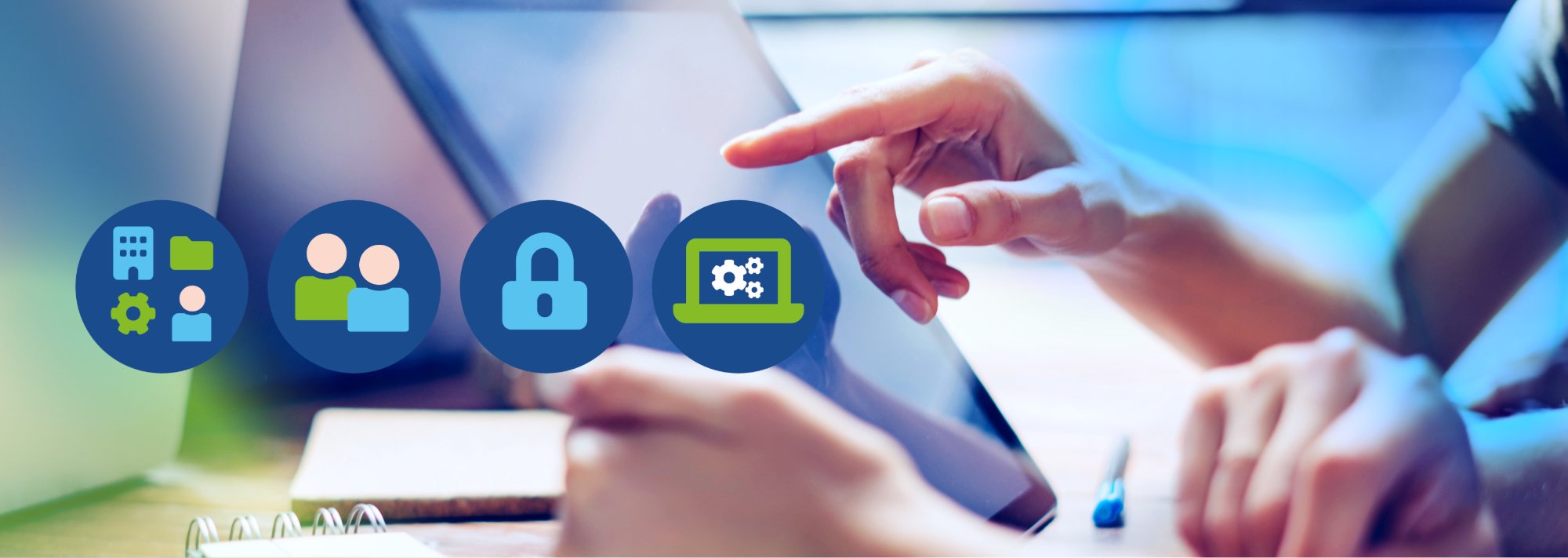 Empresa trabajando en la implementación de controles ISO 27001 con íconos de controles organizacionales, controles orientados a las personas, controles físicos y controles tecnológicos