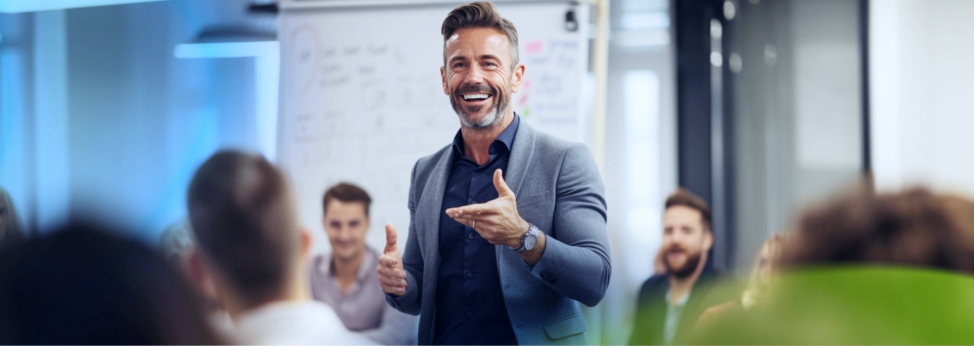 Directivo visión de liderazgo del cambio en empresas de TI tech y desarrollo de software mirando de frente