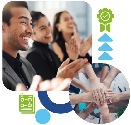 Equipo celebrando y aplaudiendo sus logros. Manos unidas. Iconos de proyecto y galardón. Equipo celebrando y aplaudiendo sus logros. Manos unidas. Iconos de proyecto y galardón.